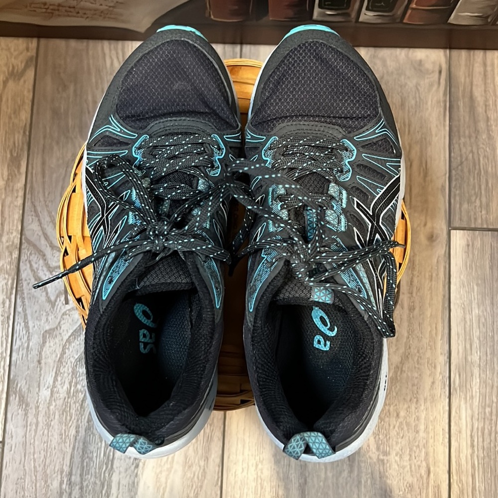 Women’s Size 8 ASICS Gel Insoled Tennis Shoes Black and Blue Good Condition Used - Picture 6 of 8
